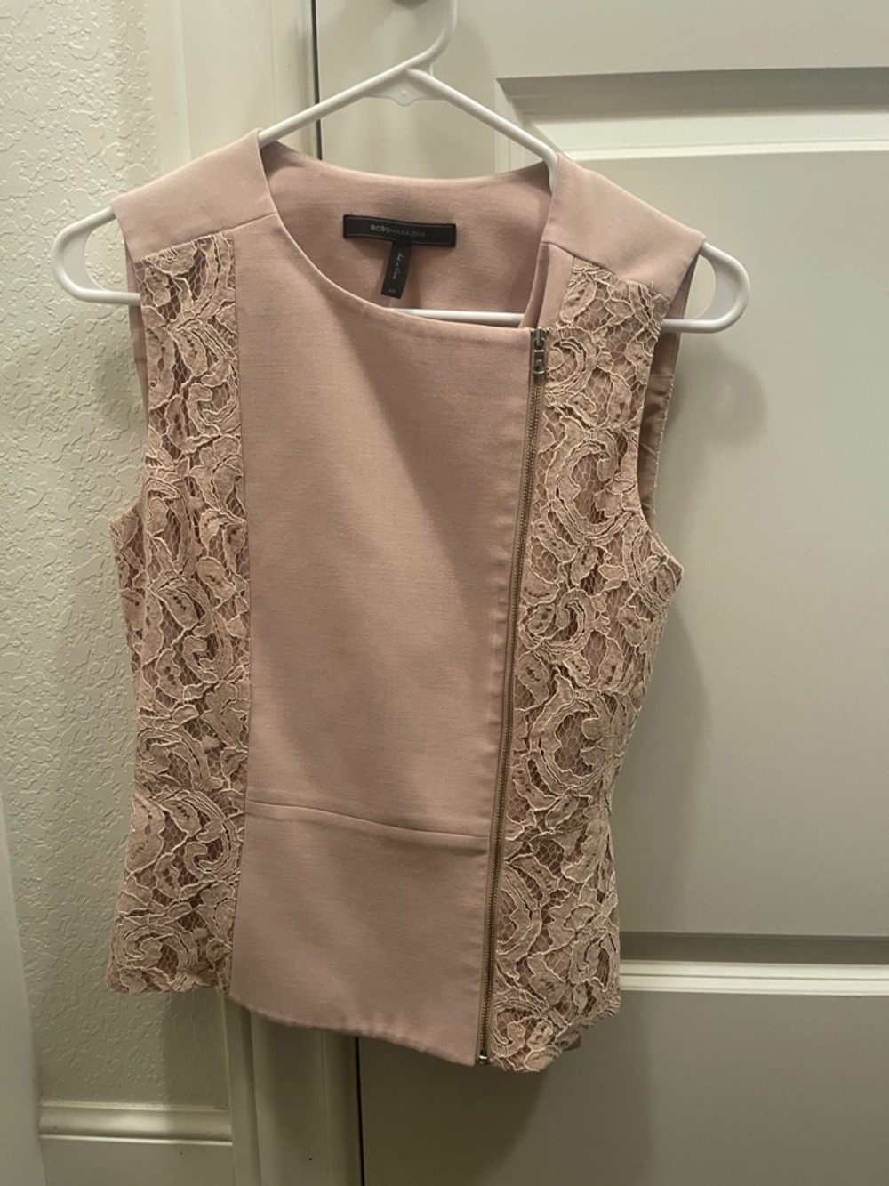 BCBGMaxAzria Blush Pink Lace-Panel Asymmetrical Zip Top
